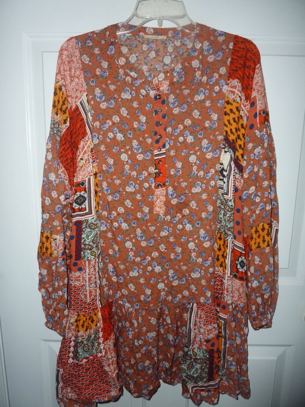 New Easel Boho Flowy Floral Patchwork L/S Dress or Tunic Size Large